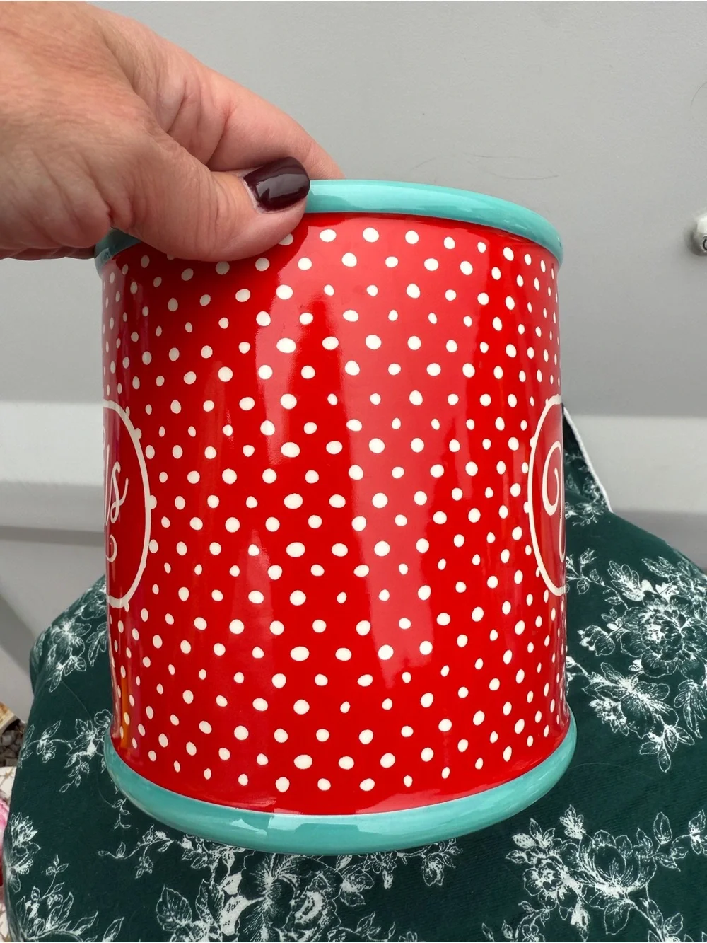 The Pioneer Woman Red Polka Dot Utensil Crock with Teal Trim